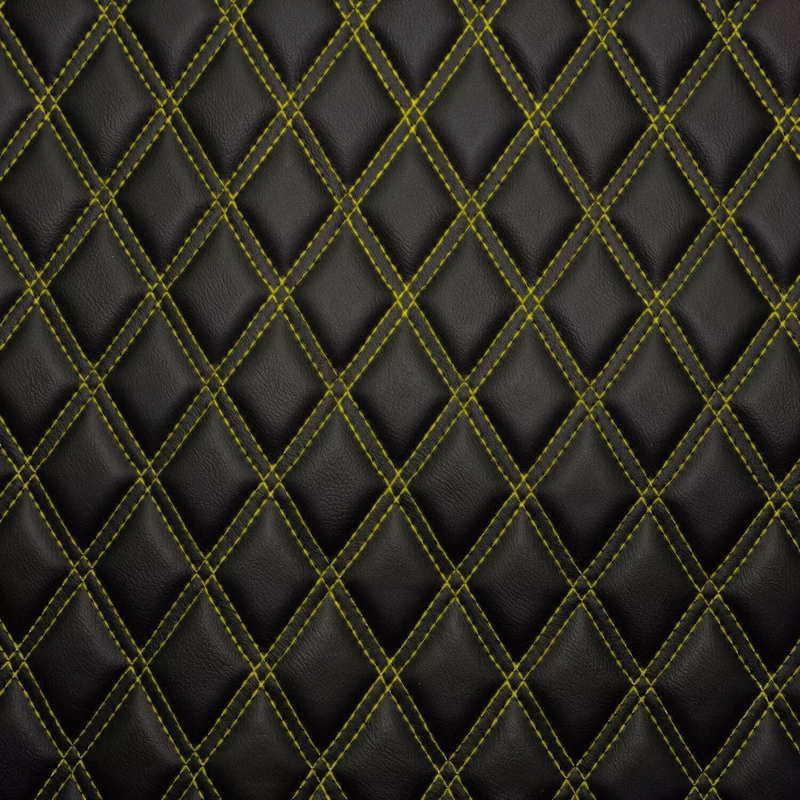 Diamond Quilted Padded Faux Leather Upholstery Fabric - Yellow Stitch