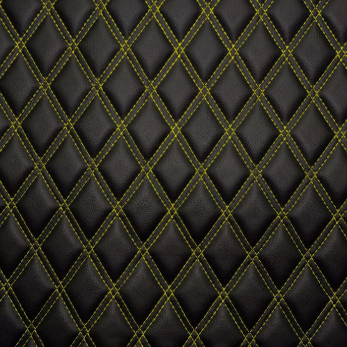Diamond Quilted Padded Faux Leather Upholstery Fabric - Yellow Stitch