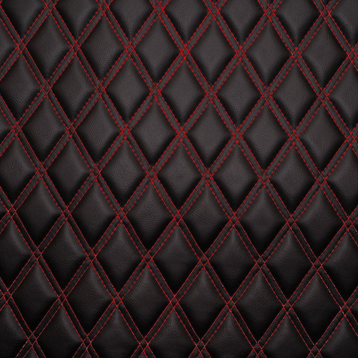 Diamond Quilted Padded Faux Leather Upholstery Fabric - Red Stitch