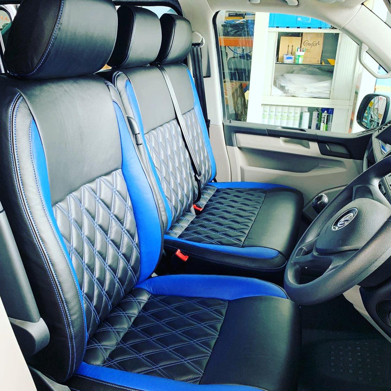 Diamond Quilted Padded Faux Leather Upholstery Fabric - Blue Stitch